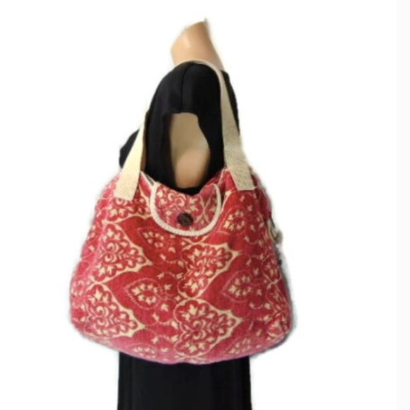 CAbi Handbags - CAbi Pink Cream Chenille Fabric Purse Tote Bag Carpet bag RARE!